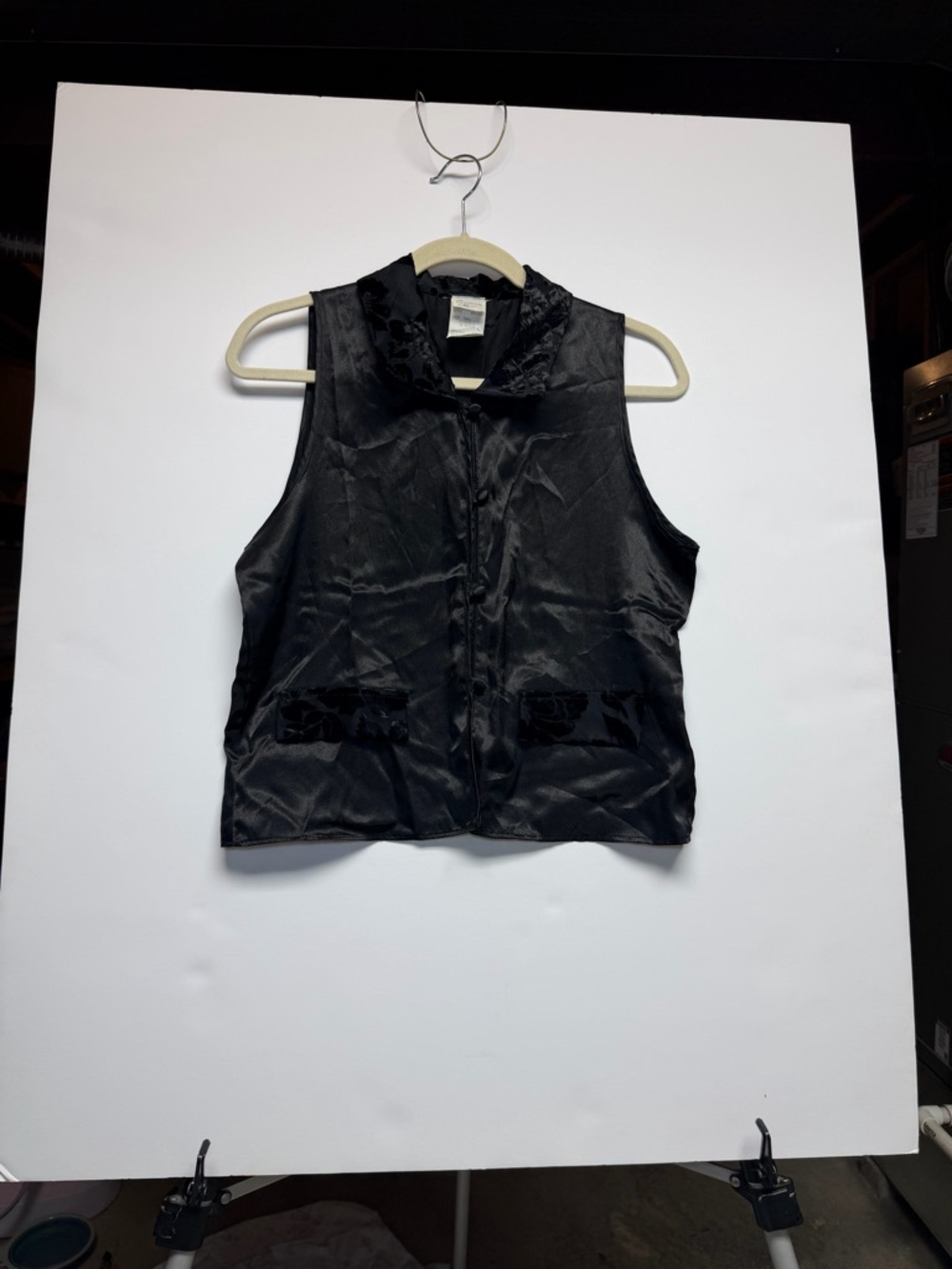 VTG California Miss. Black Satin Vest with Velvet Floral Detailing